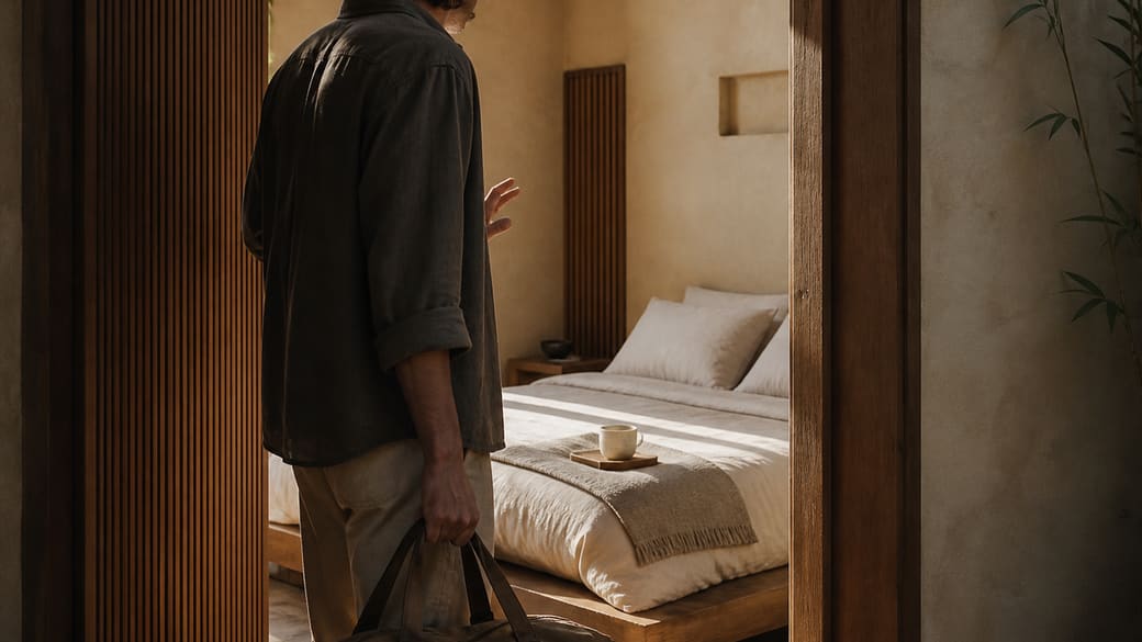 Voyageur non identifiable découvrant un textile et une attention en céramique déjà préparés dans une chambre.