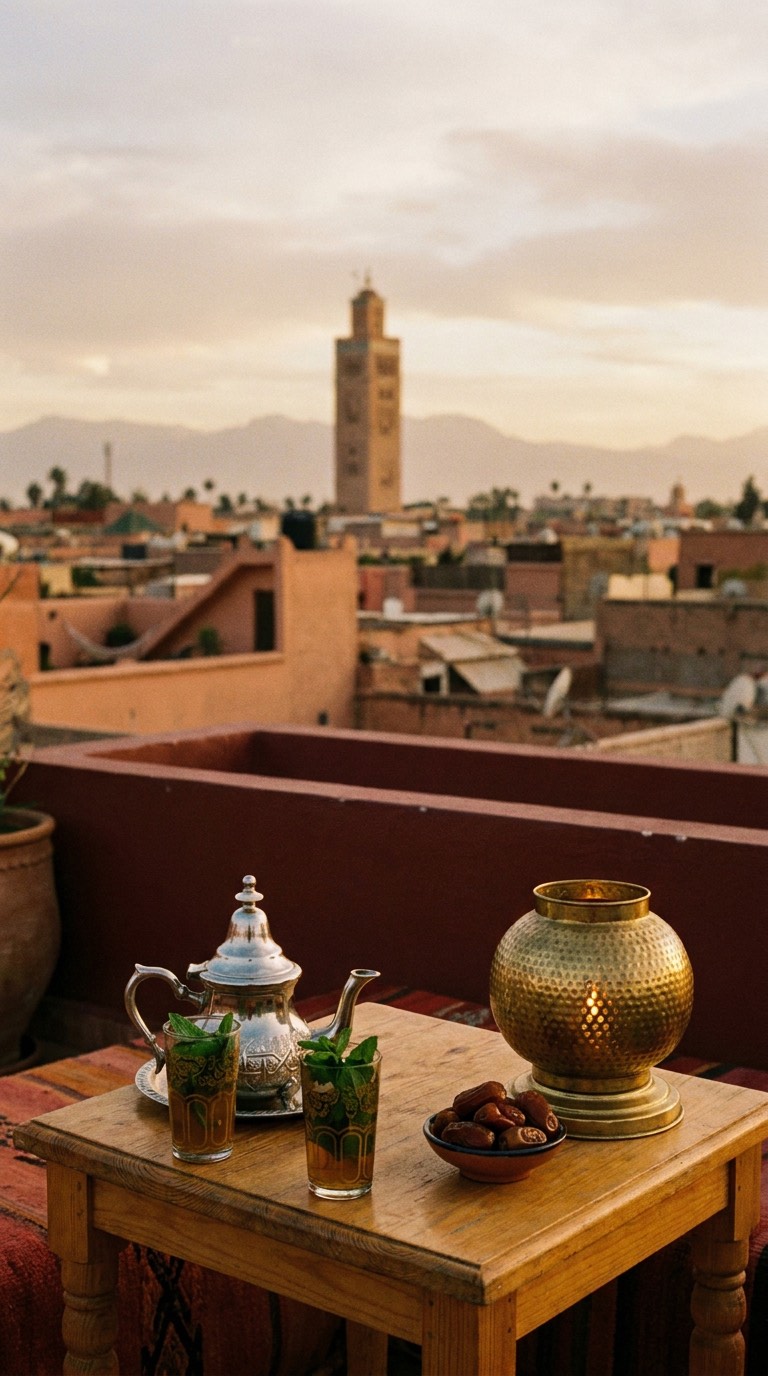 Concept visuel Story Ad — rooftop de la médina de Marrakech à l'heure dorée
