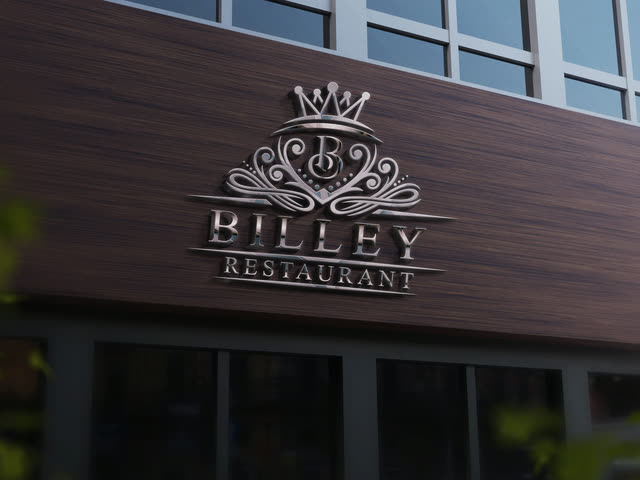 Maquette de présentation de l'identité Billey Restaurant sur une enseigne